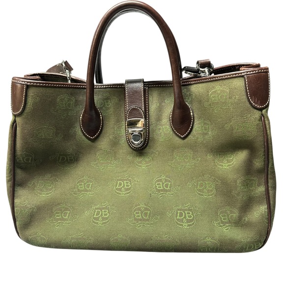 Dooney & Bourke Handbags - Dooney and Burke Signature Canvas Tote Bag Green Brown Leather Trim Silver